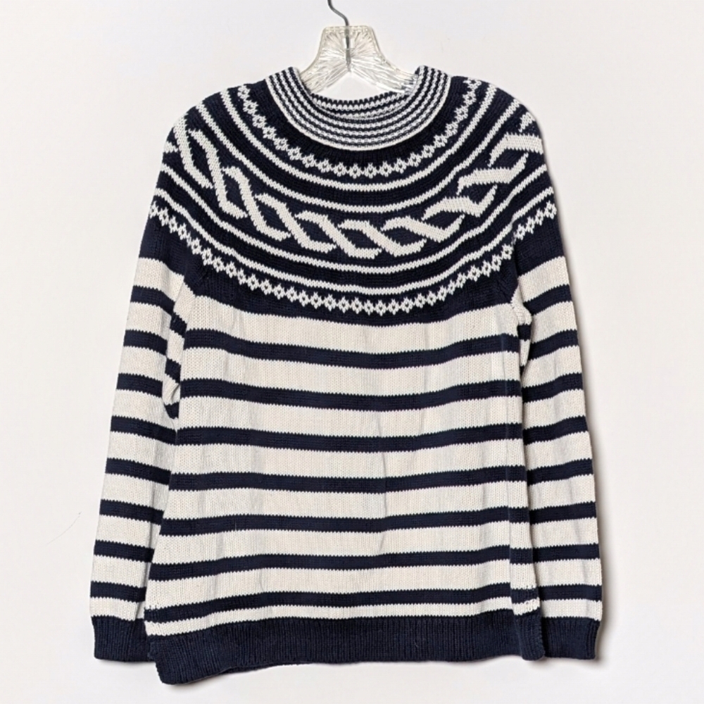 TALBOTS‎ Mock Neck Fair Isle Nautical Navy and White Striped Knit Sweater L
